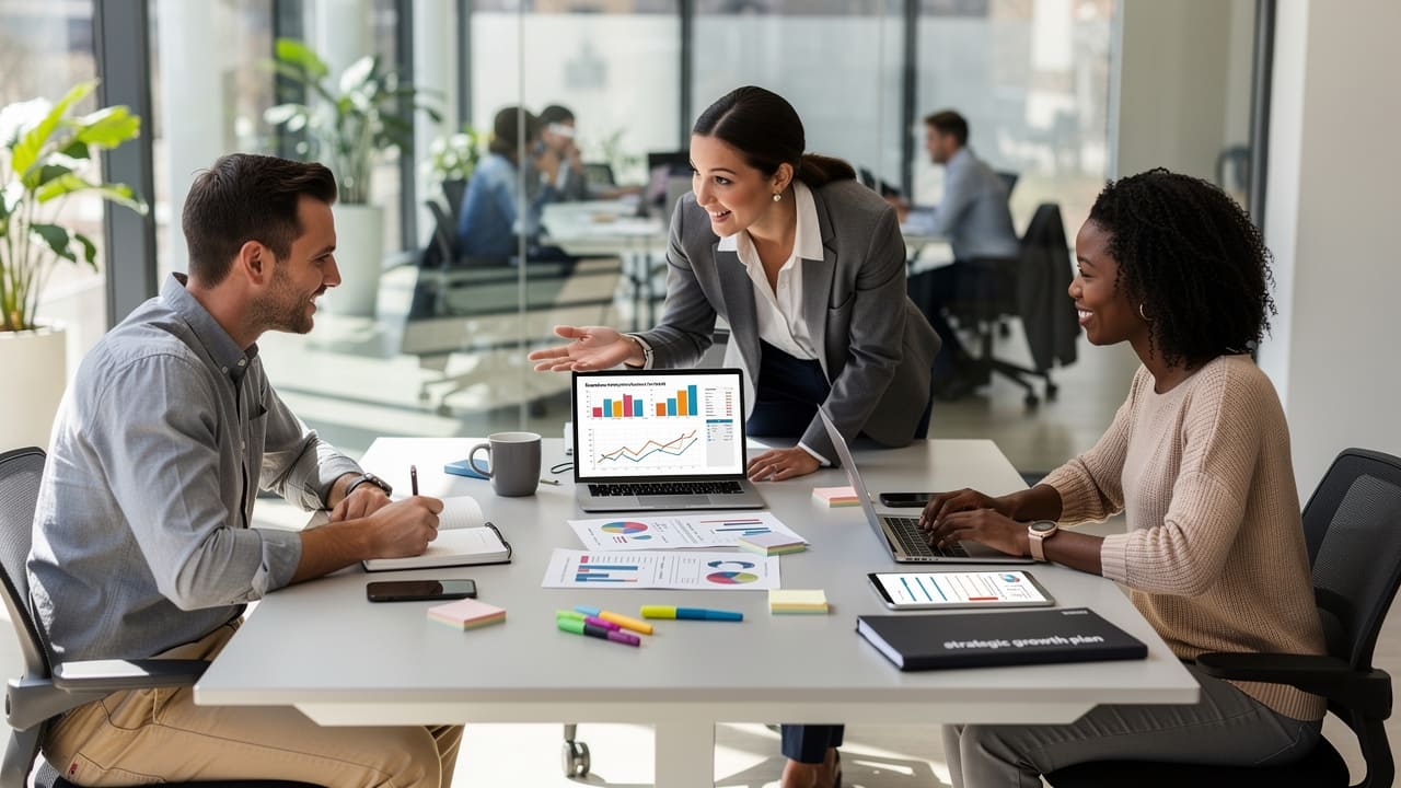 Team collaborating on marketing strategy and business growth planning