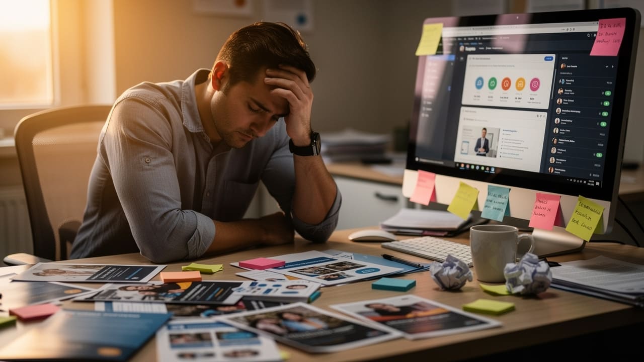 Business owner overwhelmed by fragmented marketing efforts