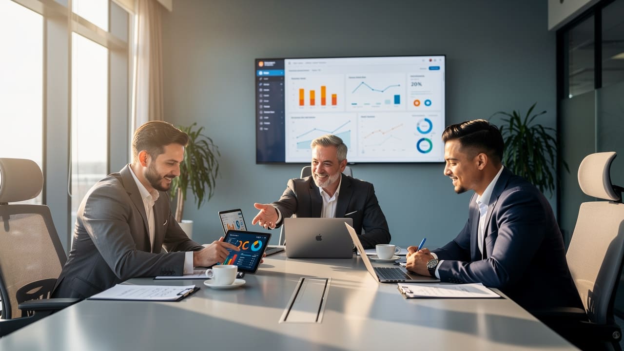 Marketing team collaborating on strategy and performance metrics