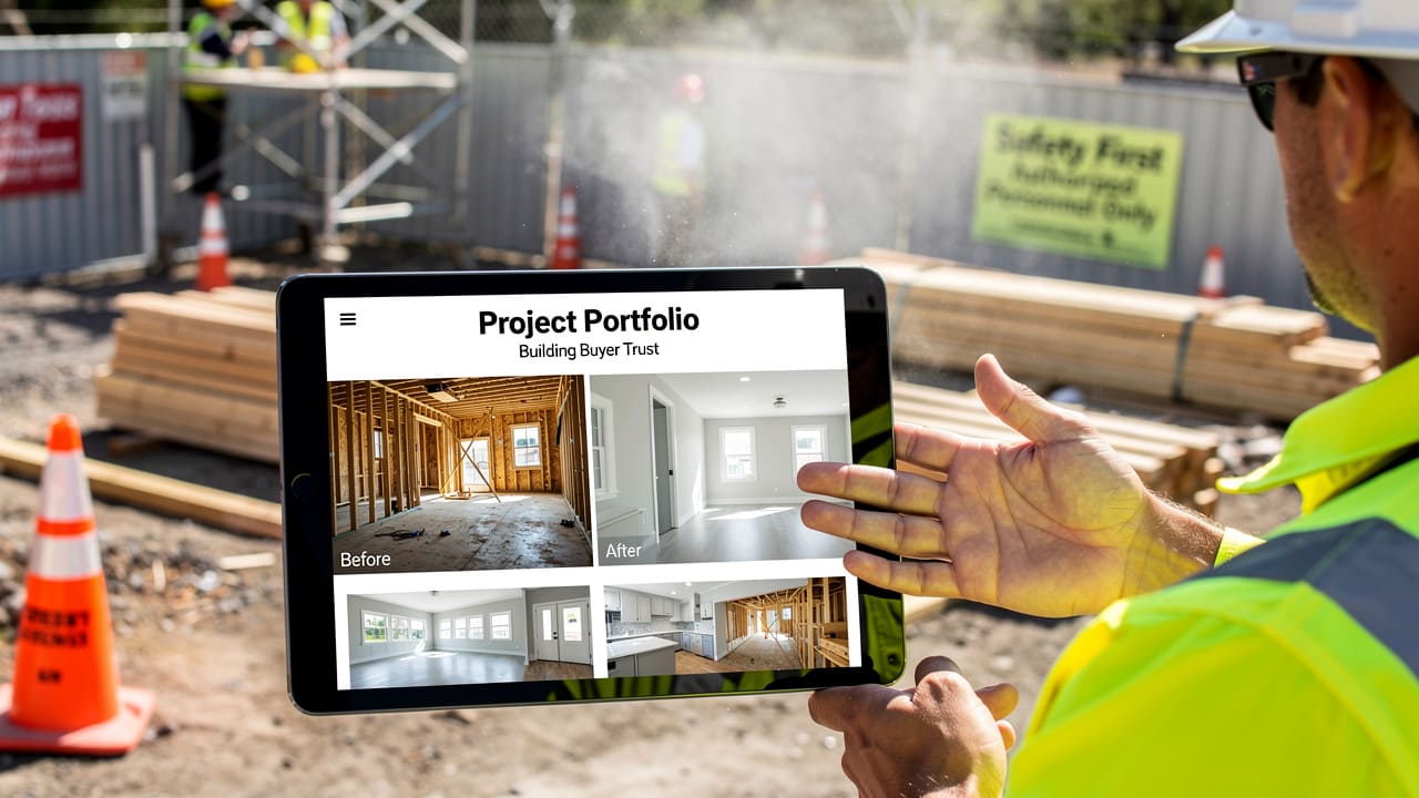 Construction portfolio displayed on tablet at job site showing completed projects