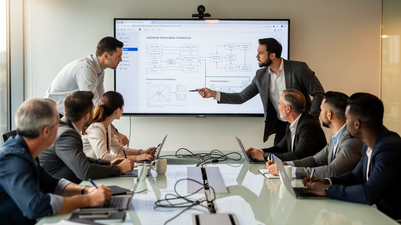 Development team collaborating on website architecture and system integration planning